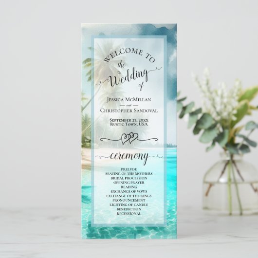 Tropical Beach Coastal Palm Trees Elegant Wedding Programmakaart (Staand voorkant)