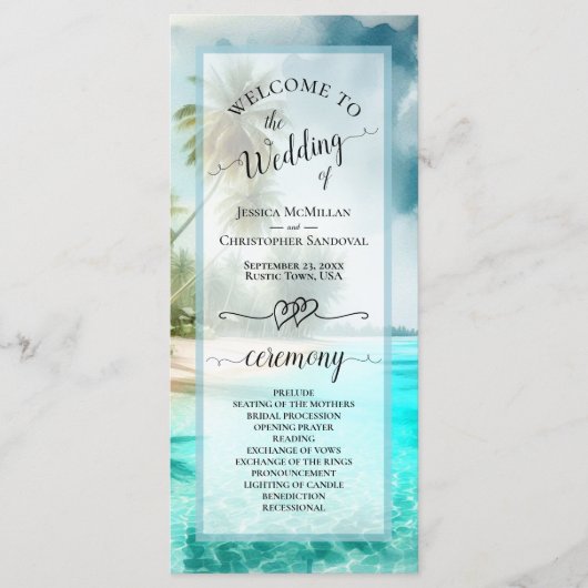 Tropical Beach Coastal Palm Trees Elegant Wedding Programmakaart (Voorkant)