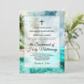 Tropical Beach Coastal Watercolor Catholic Wedding Kaart (Staand voorkant)
