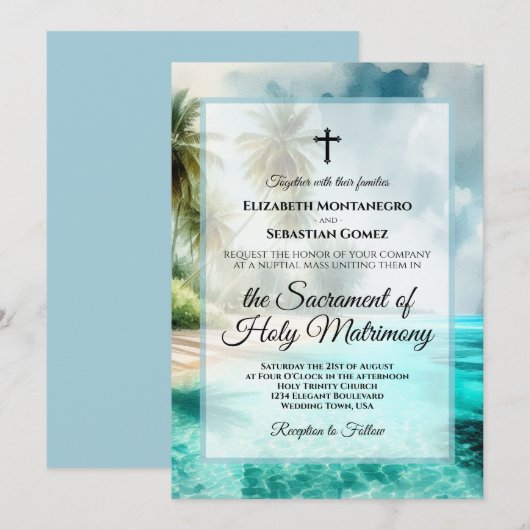 Tropical Beach Coastal Watercolor Catholic Wedding Kaart (Voorkant / Achterkant)