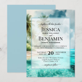 Tropical Beach Coastal Watercolor Stylish Wedding Kaart