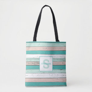 Tropical Beach Cottage Rustiek Hout Monogram Tote Bag