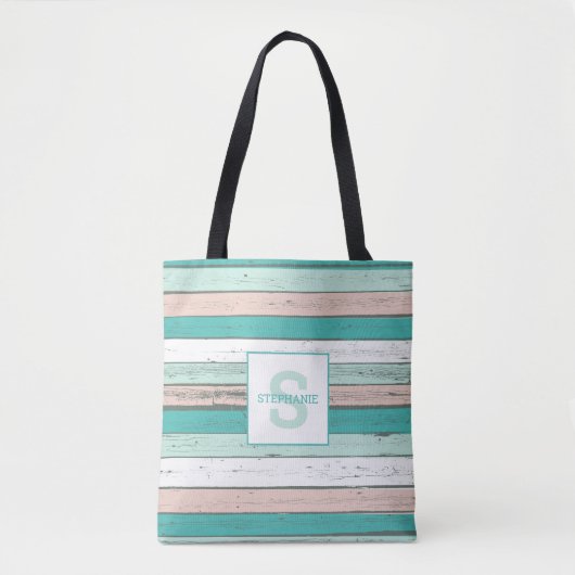 Tropical Beach Cottage Rustiek Hout Monogram Tote Bag (Voorkant)