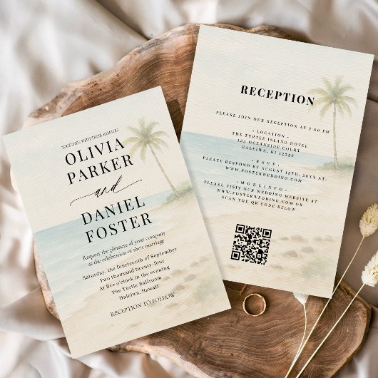 Tropical Beach Destination QR Code Wedding Kaart