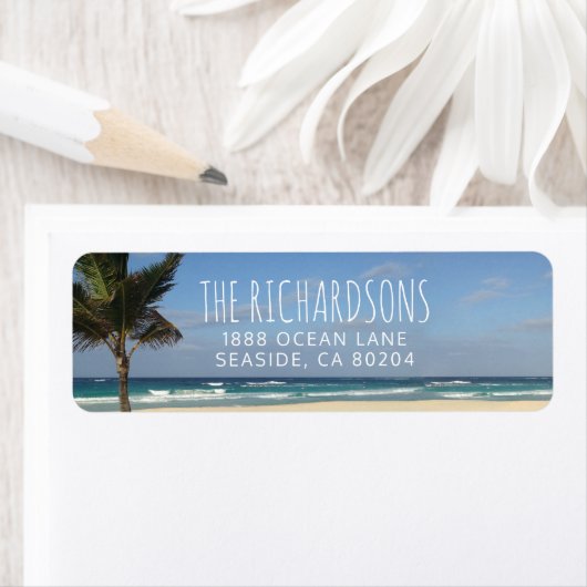 Tropical Beach en Palm Tree Retouradres Label (Insitu)