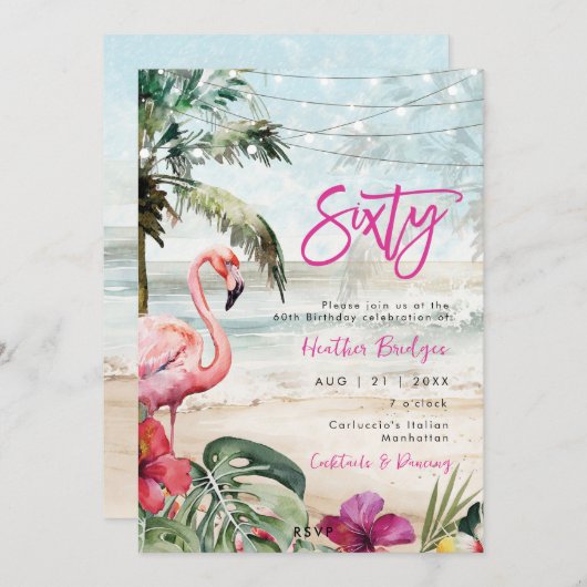 Tropical Beach Flamingo 60e verjaardagsfeestje Kaart (Voorkant / Achterkant)