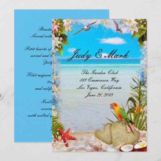 Tropical Beach Floral Bruiloft Menu Kaart (Voorkant / Achterkant)