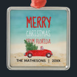 Tropical Beach Florida Merry Christmas Metalen Ornament<br><div class="desc">This fun Merry Christmas from Florida ornament is our version of the fabulous red pick-up truck snowy parts of the world are sending this day season. It features a red convertible — top down, of race. - met Christmas tree stowed in the back seat on its way home to a...</div>