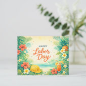 Tropical Beach Flowers Happy Labor Day Feestdagenkaart (Staand voorkant)
