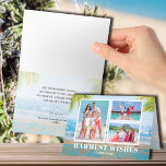 Tropical Beach Gevouwen Kerstmis Foto Feestdagen Kaart<br><div class="desc">Deel uw favoriete strandvakantie of warme weerfoto's met deze leuke tropische strandzand,  water en palmbomen gevouwen kerstvakantie kaart met uw bericht in chique belettering aan de binnenkant. Selecteer high definition voor de beste afdrukkwaliteit.</div>