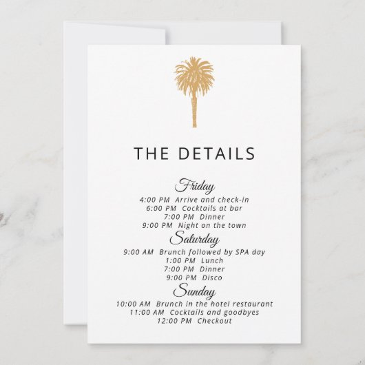 Tropical Beach Gold Palm Bestemming Bachelorette Kaart (Achterkant)