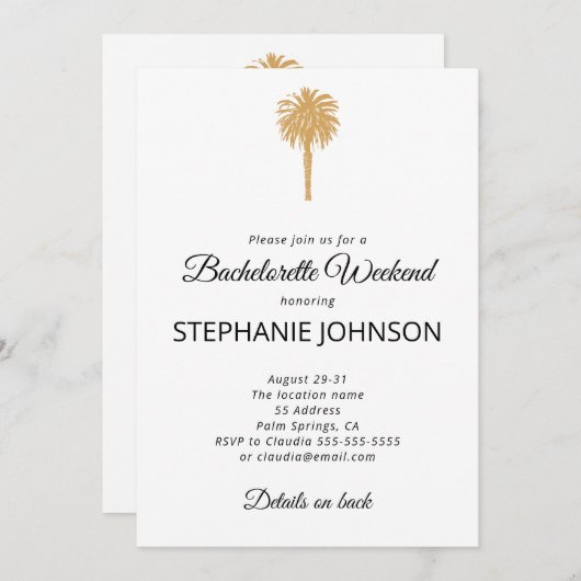 Tropical Beach Gold Palm Bestemming Bachelorette Kaart (Voorkant / Achterkant)