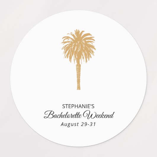 Tropical Beach Gold Palm Bestemming Bachelorette Labels (Design 1)