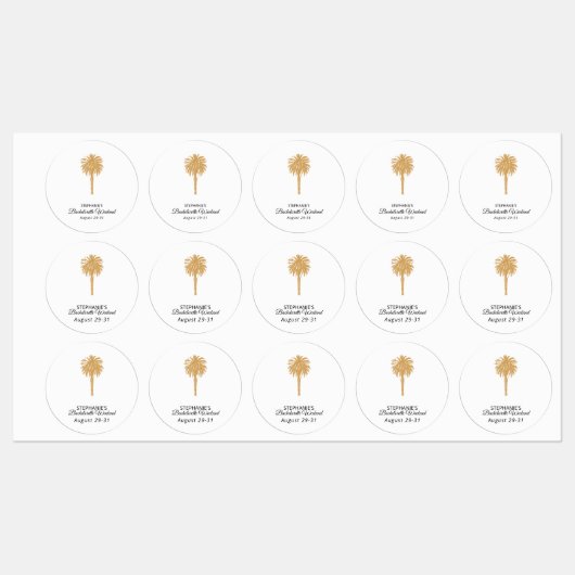 Tropical Beach Gold Palm Bestemming Bachelorette Labels (Vel)