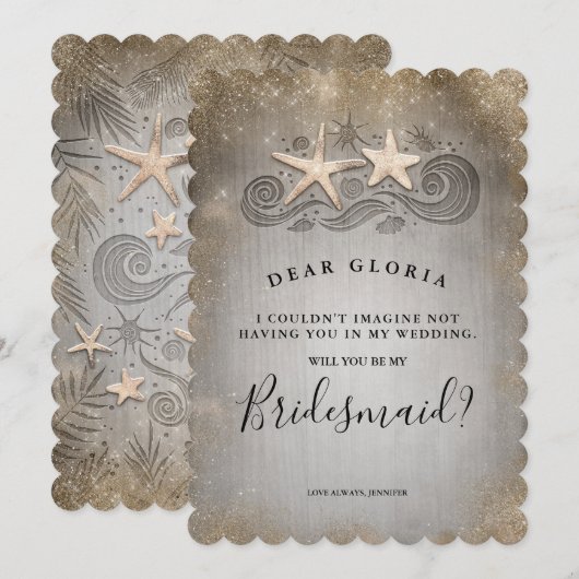Tropical Beach Gouden Zeester Bruidsmeisje Voorste Kaart (Voorkant / Achterkant)
