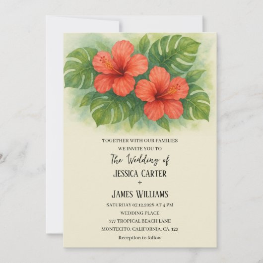 Tropical Beach Hawaiian Hibiscus Wedding Kaart (Voorkant)