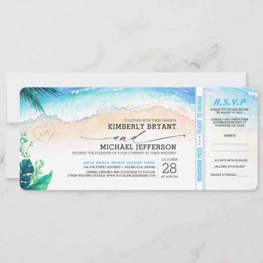 Tropical Beach Heart Shore Wedding Boarding Pass Kaart (Voorkant)