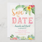 Tropical Beach Hibiscus en Flamingo Save the Date Kaart (Voorkant)