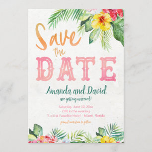 Tropical Beach Hibiscus en Flamingo Save the Date Kaart