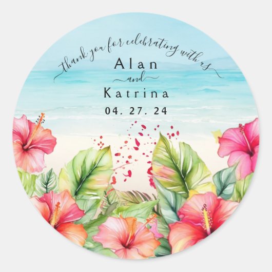 Tropical Beach Hibiscus Papier Bord Ronde Sticker (Voorkant)