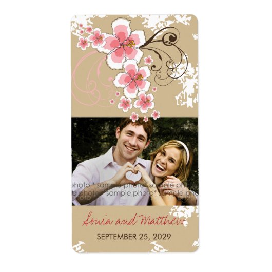 Tropical Beach Hibiscus Roze Bruiloft Foto Labels (Voorkant)