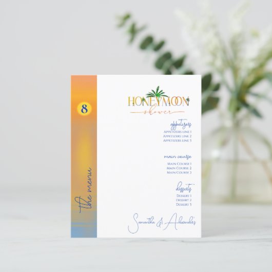 Tropical Beach Honeymoon Fund Couple Shower Menu (Staand voorkant)