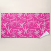 Tropical Beach Hot Pink Palm Tree Monogrammed Strandlaken (Voorkant)
