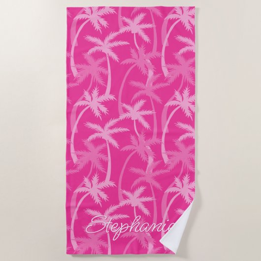 Tropical Beach Hot Pink Palm Tree Monogrammed Strandlaken (Voorkant)