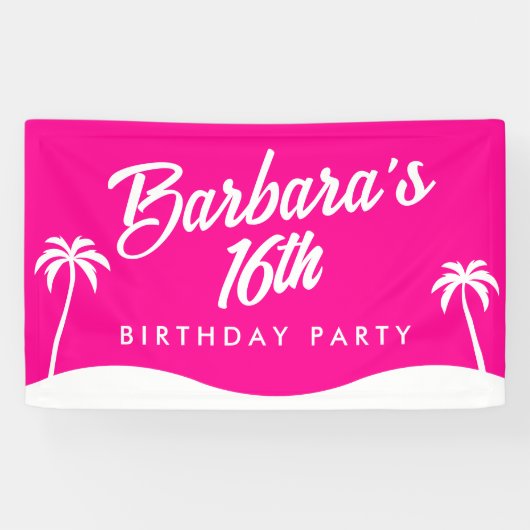 Tropical Beach Hot Roze Script Sweet 16 Spandoek (Horizontaal)