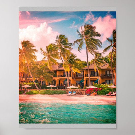Tropical Beach Hotel met Coconut Trees Poster (Voorkant)