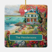 Tropical Beach House Turquoise Pink Name Christmas Keramisch Ornament (Achterkant)