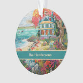Tropical Beach House Turquoise Pink Name Christmas Ornament (voorkant)