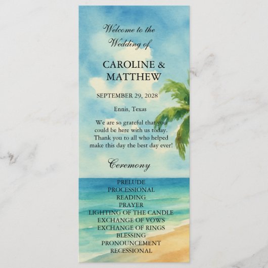 Tropical Beach Island Bestemming Bruiloft Programmakaart (Voorkant)