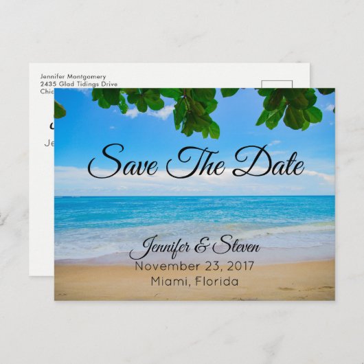 Tropical Beach Island Bruiloft Save the Date Aankondigingskaart (Voorkant / Achterkant)