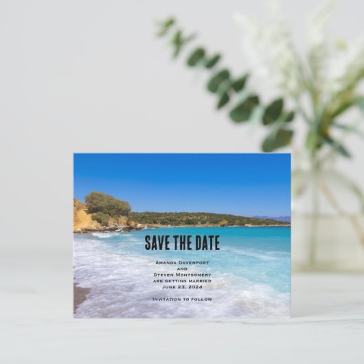 Tropical Beach Island Paradise Save the Date Uitnodiging Briefkaart (Staand voorkant)