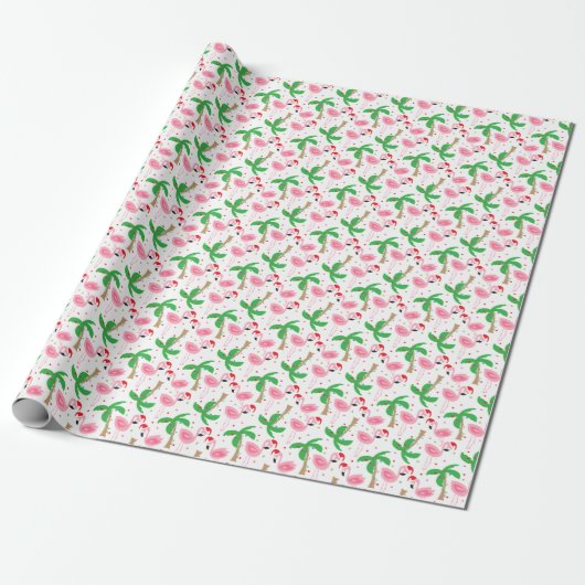 Tropical Beach Kerst Flamingo's Vogels Cadeaupapier (Uitgerold)