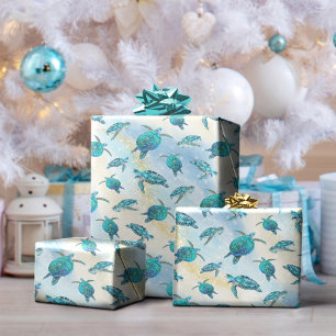 Tropical Beach Kerst Zee Schildpad Glitter Cadeaupapier