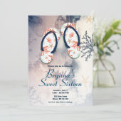 Tropical Beach Koraal Teenslippers Sweet 16 Party Kaart (Staand voorkant)