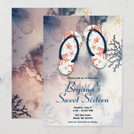 Tropical Beach Koraal Teenslippers Sweet 16 Party Kaart