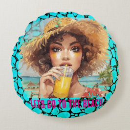 Tropical Beach, Lets Go to The Beach, Black Turquo Rond Kussen