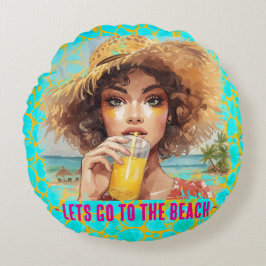 Tropical Beach, Lets Go to The Beach,Orange Turquo Rond Kussen