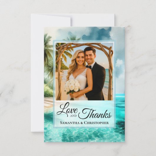 Tropical Beach Love & Thanks Photo & Note Wedding Bedankkaart (Voorkant)