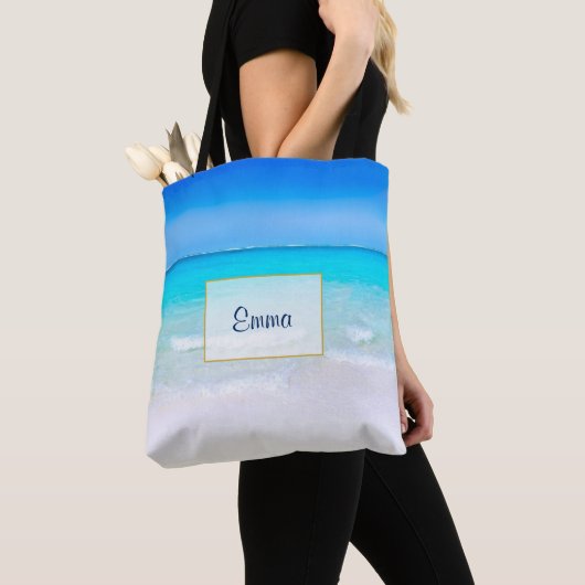 Tropical Beach met een Turquoise Zee Gepersonalise Tote Bag (Dichtbij)