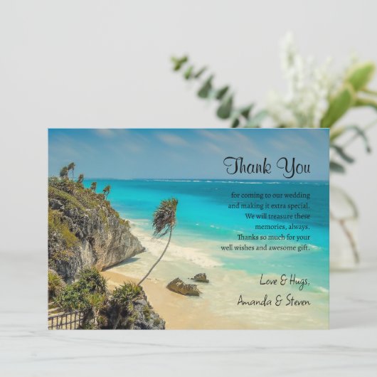 Tropical Beach met Palm Trees Bruiloft Dank u Bedankkaart (Staand voorkant)