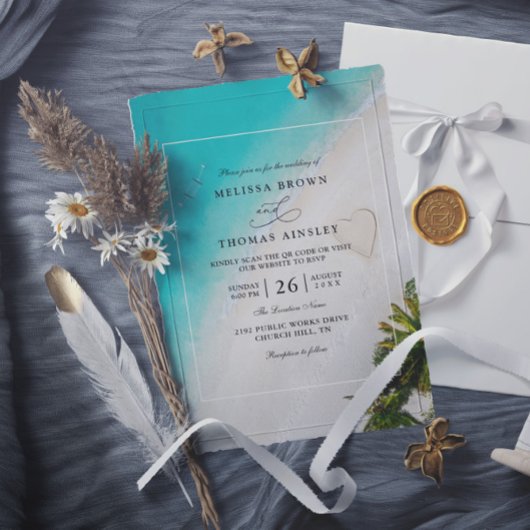 Tropical Beach Monogram Modern QR Code Wedding Kaart