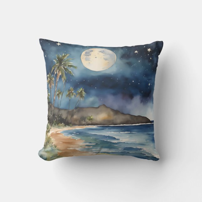 Tropical Beach Night Sky Moon Stars Waterverven Kussen (Voorkant)