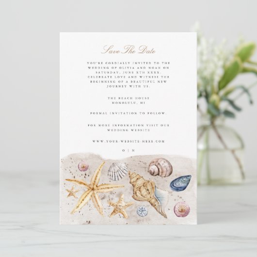 Tropical Beach Ocean Shell Save The Date Kaart (Staand voorkant)
