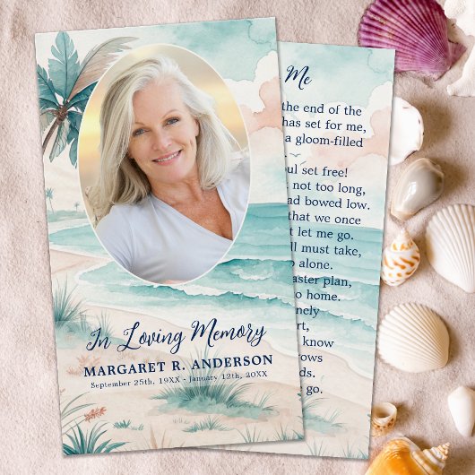 Tropical Beach Oval Photo Memorial Prayer Kaart