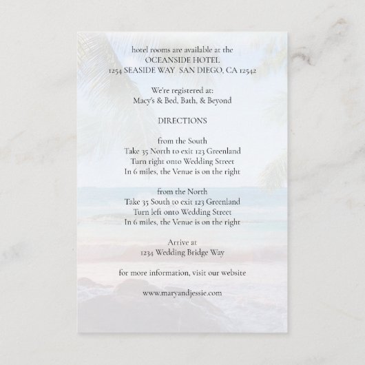 Tropical Beach Palm Bruiloft of Feest Details Informatiekaartje (Achterkant)