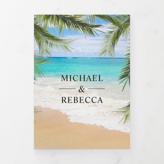 Tropical Beach Palm Leaves String Lights Wedding Drieluik Uitnodiging (Cover)